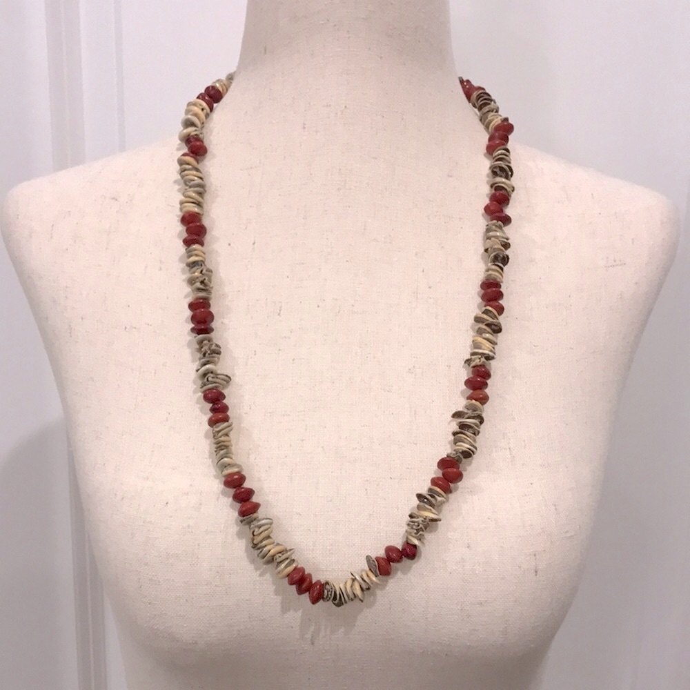 Handcrafted Red Bead/Seed and Shell Necklace